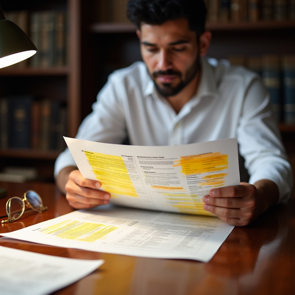 Professional reviewing a detailed audit report document with highlights and annotations