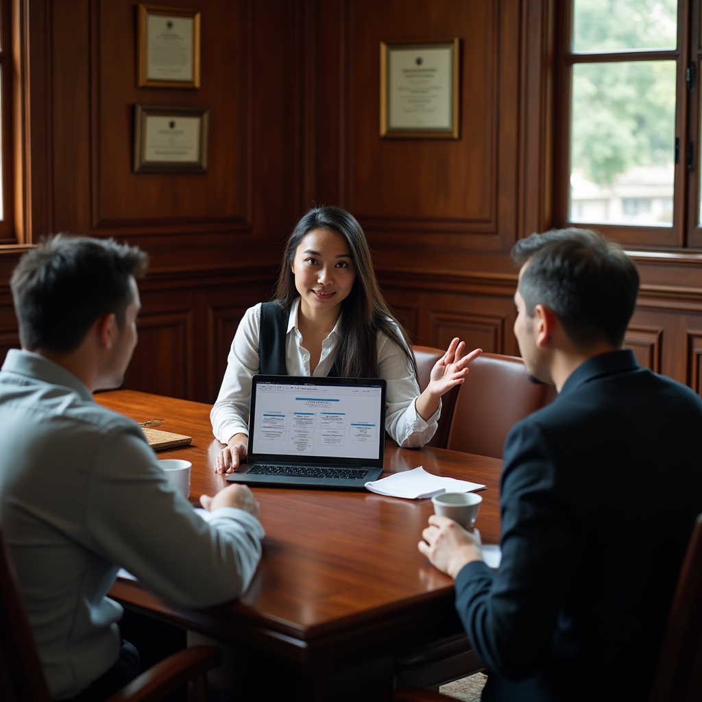 Two consultants in a scoping meeting reviewing a website on a laptop in a professional setting