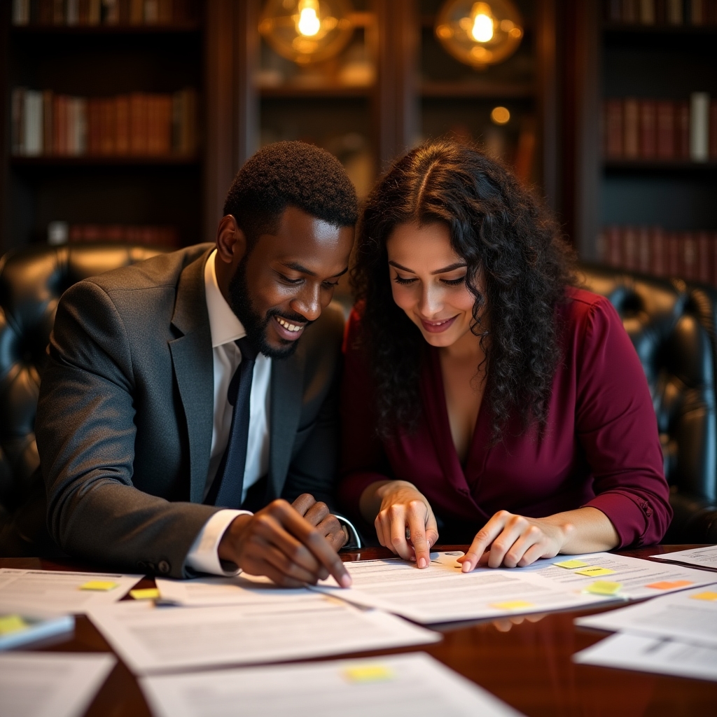 Two professionals reviewing content strategy documents on a conference table