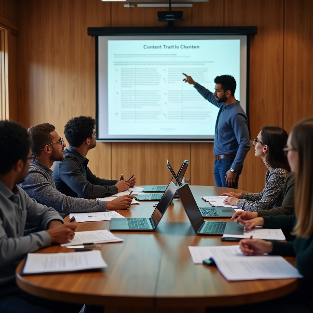 A small team of professionals participating in a content audit training workshop around a conference table with laptops